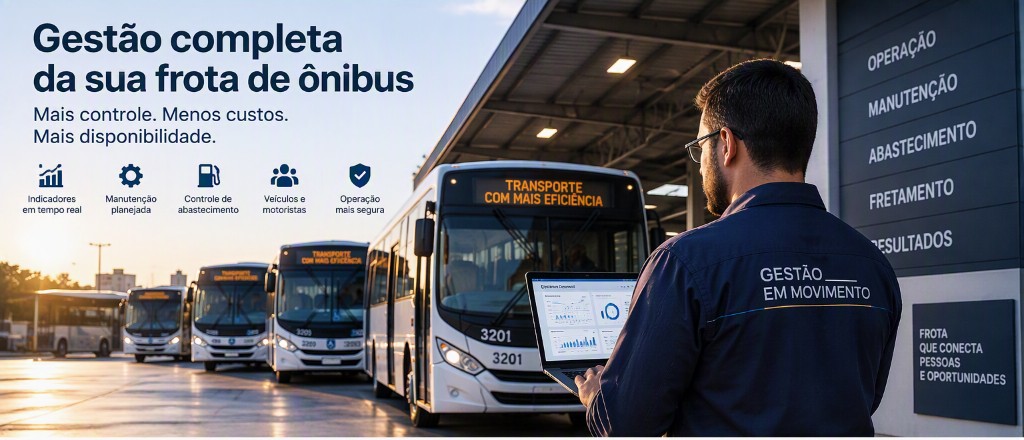 Gestor com notebook diante da frota de ônibus. Gestão completa, com operação, manutenção, abastecimento, fretamento e resultados.